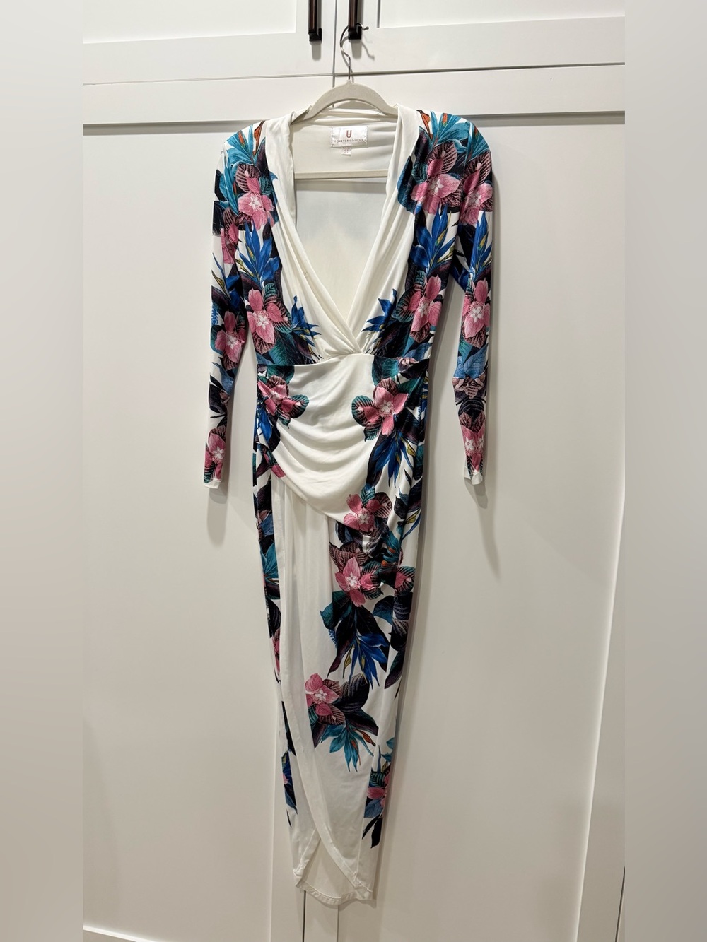 Forever Unique White Floral Wrap Maxi Dress with Pink & Blue Blooms